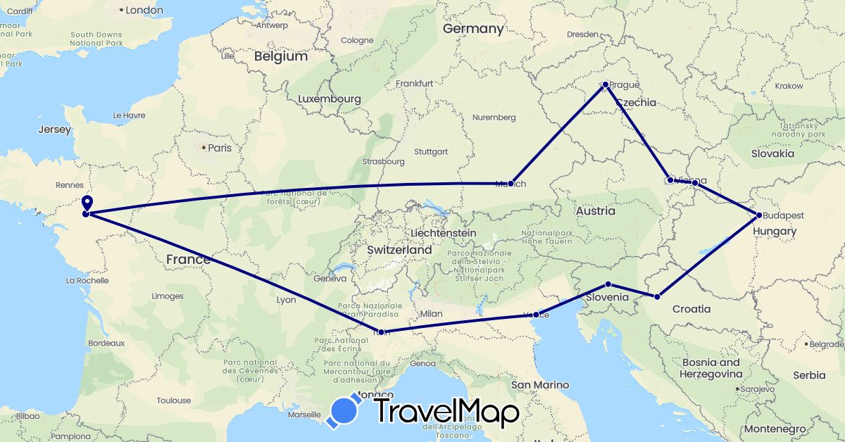 TravelMap itinerary: driving in Austria, Czech Republic, Germany, France, Croatia, Hungary, Italy, Slovenia, Slovakia (Europe)